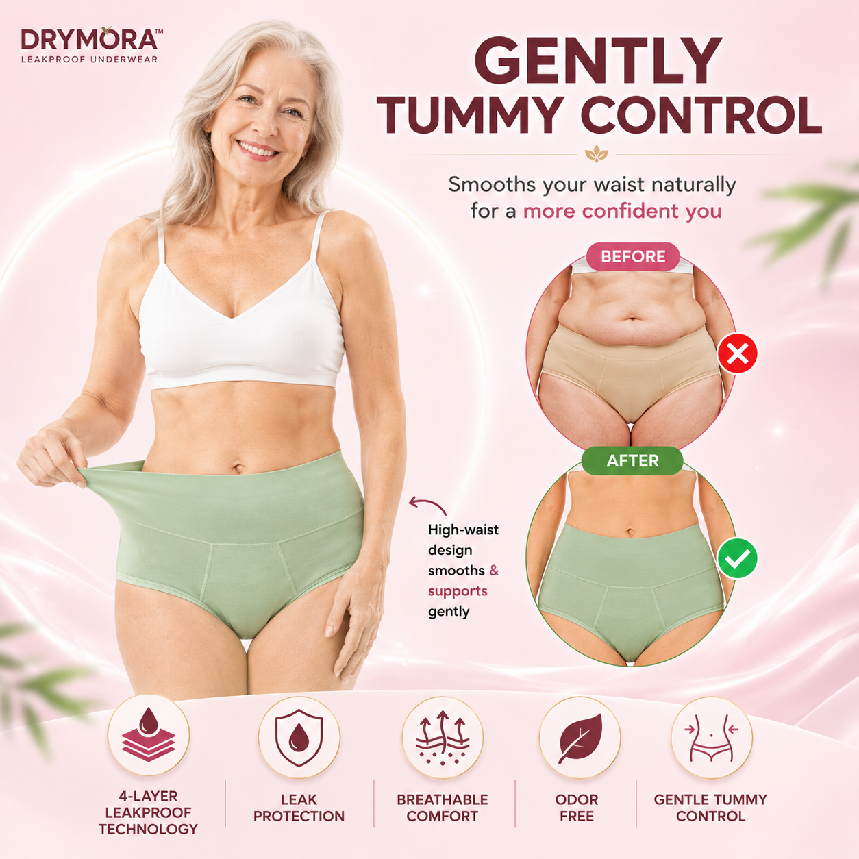 💥LAST DAY 70% OFF💥Drymora™ Premium Bamboo High-Waist Tummy-Control Leakproof Dual-Protection Underwear